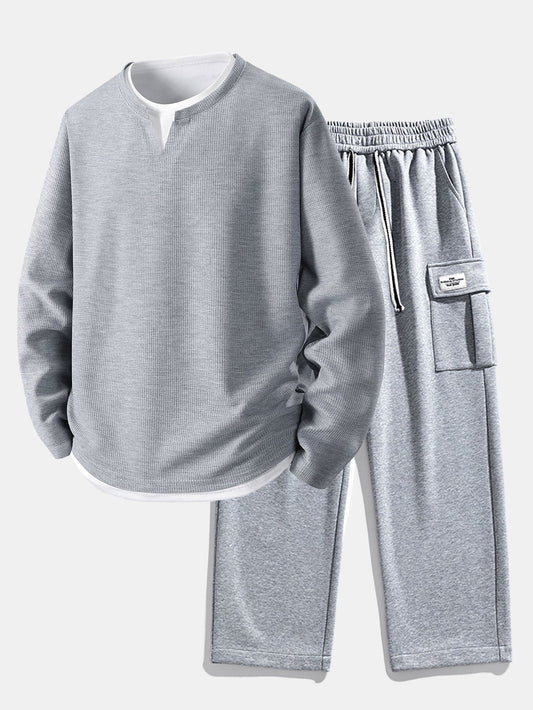 Relax Fit Long Sleeve 2 In 1 Waffle T-Shirt & Relax Fit Straight Leg Jersey Cargo Pants